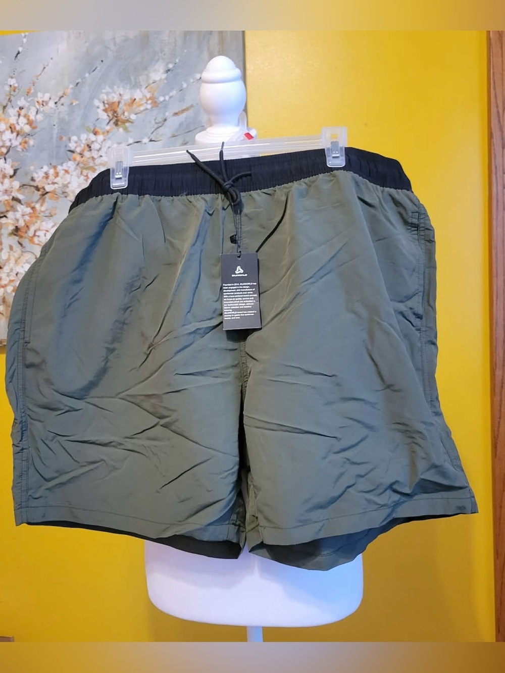 Men's Olive Green Swim Trunks with Black Waistband